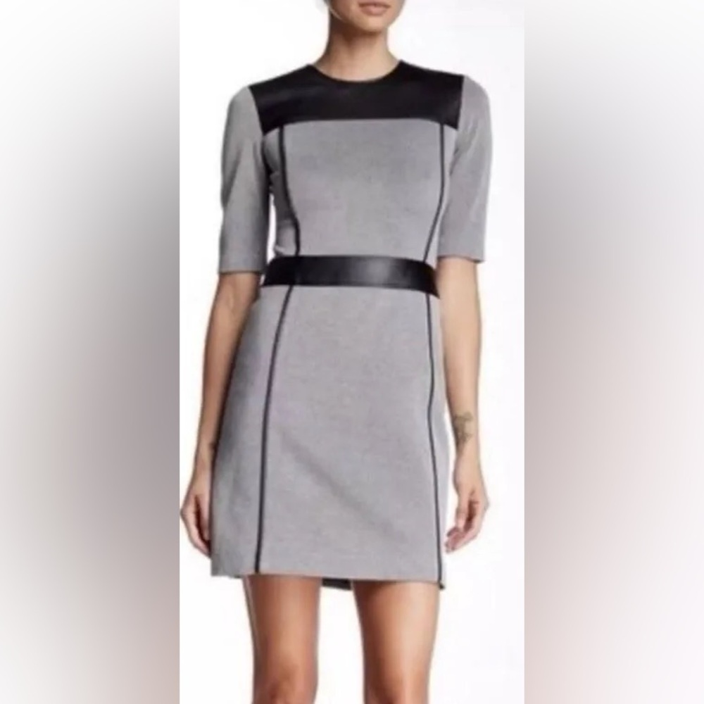 Theory Black and White Sheath Dress with Leather Trim